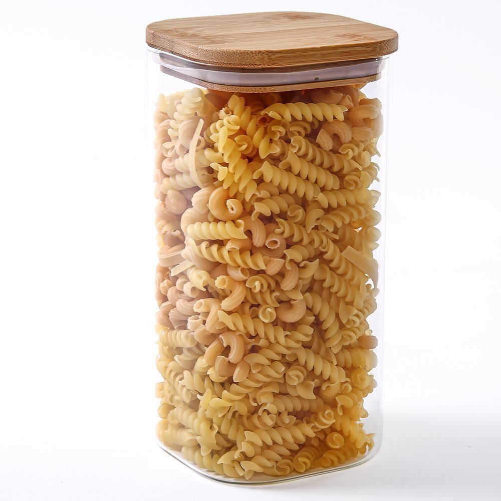 Pote De Vidro Quadrado Com Tampa De Bambu Havan Casa 1,5L - Transparente e Bege Natural