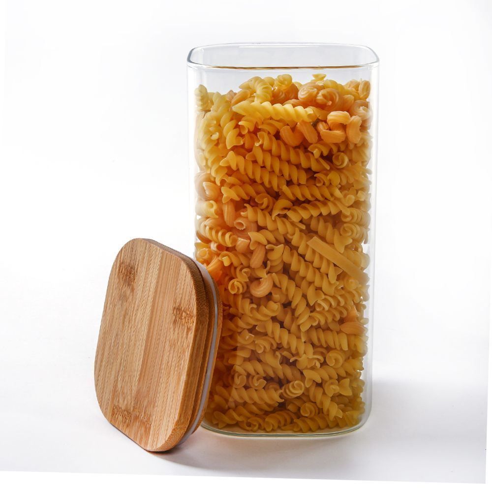 Pote De Vidro Quadrado Com Tampa De Bambu Havan Casa 1,5L - Transparente e Bege Natural