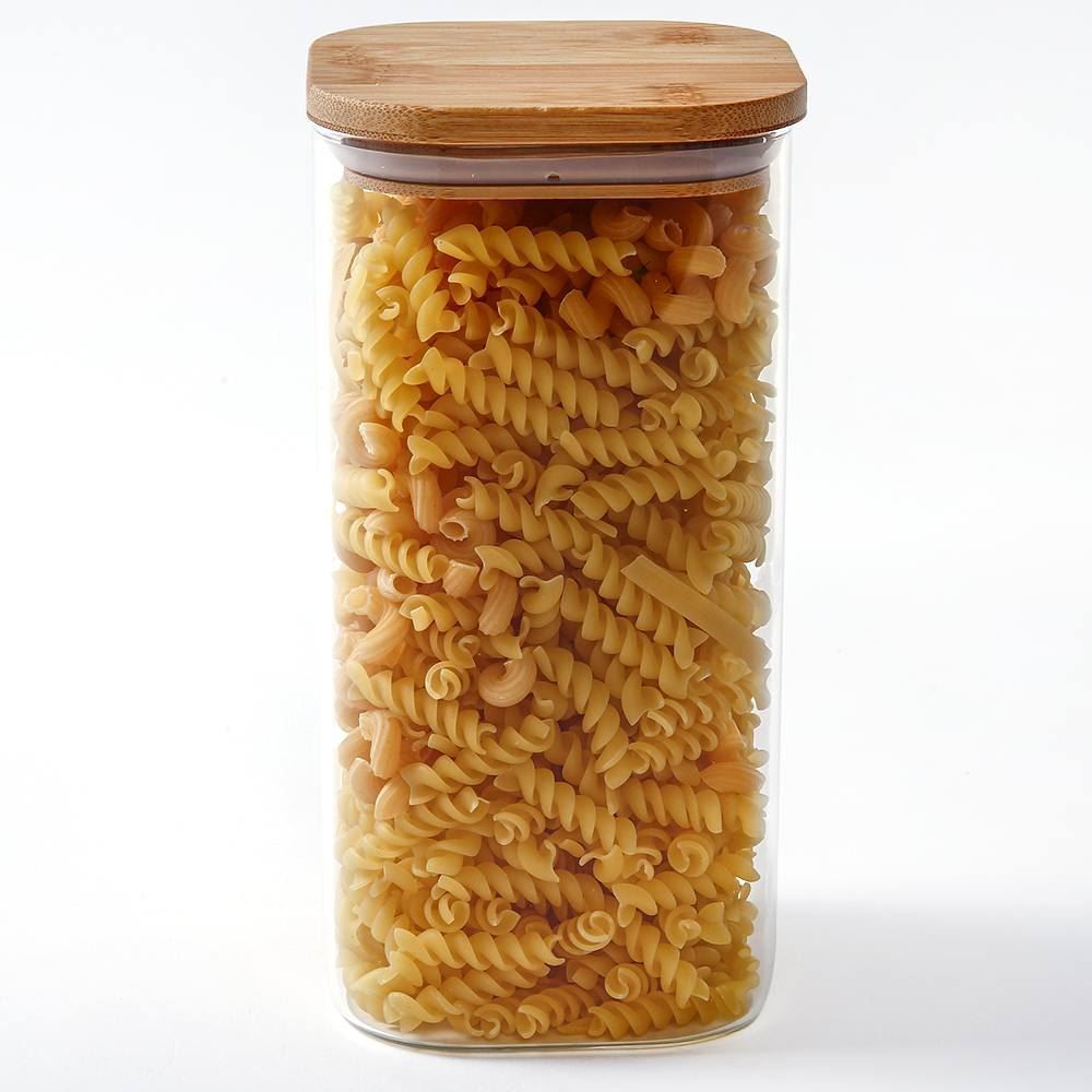 Pote De Vidro Quadrado Com Tampa De Bambu Havan Casa 1,5L - Transparente e Bege Natural