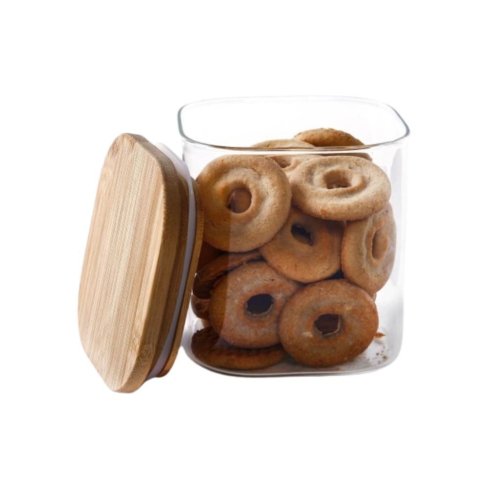 Pote de Vidro Quadrado com Tampa de Bambu Havan Casa 800Ml - Transparente e Bege Natural