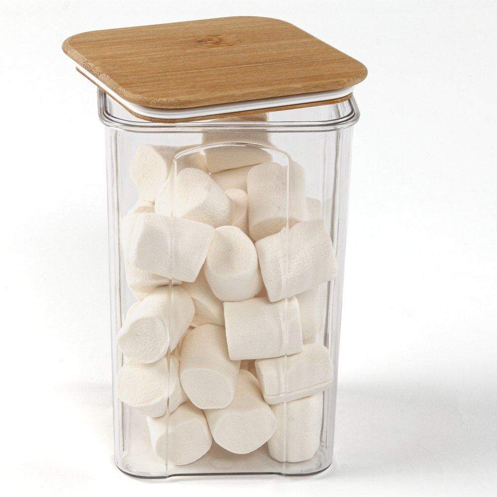 Pote Quadrado De Plástico Com Tampa De Bambu Havan Casa 1,35 Litros - Transparente e Bambu