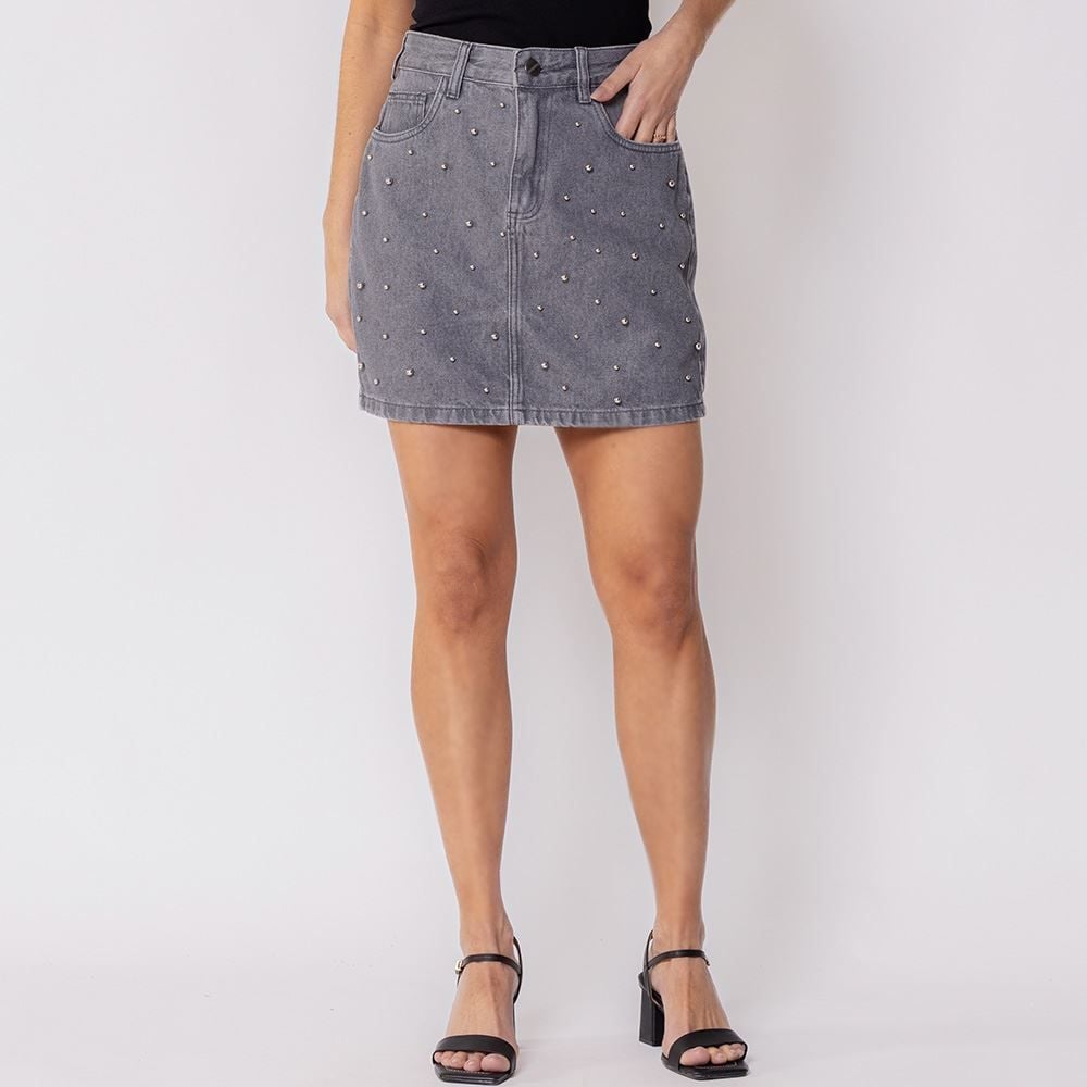 Saia Feminina Jeans Com Perola Boby Blues
