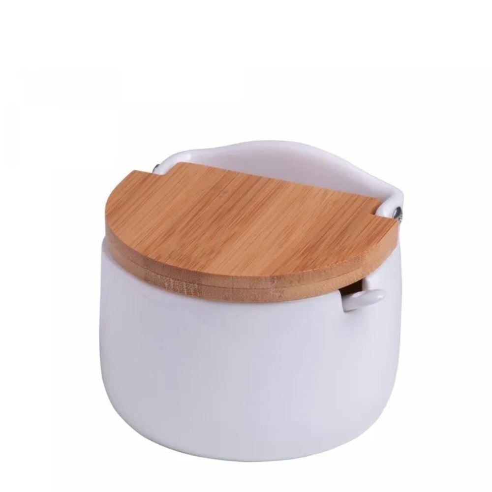 Saleiro Com Colher De Cerâmica E Tampa De Bambu Lyor 340Ml - Branco