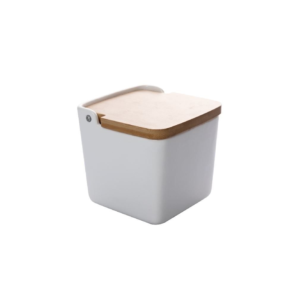 Saleiro De Cerâmica Com Tampa De Bambu Lyor 750 Ml - Branco