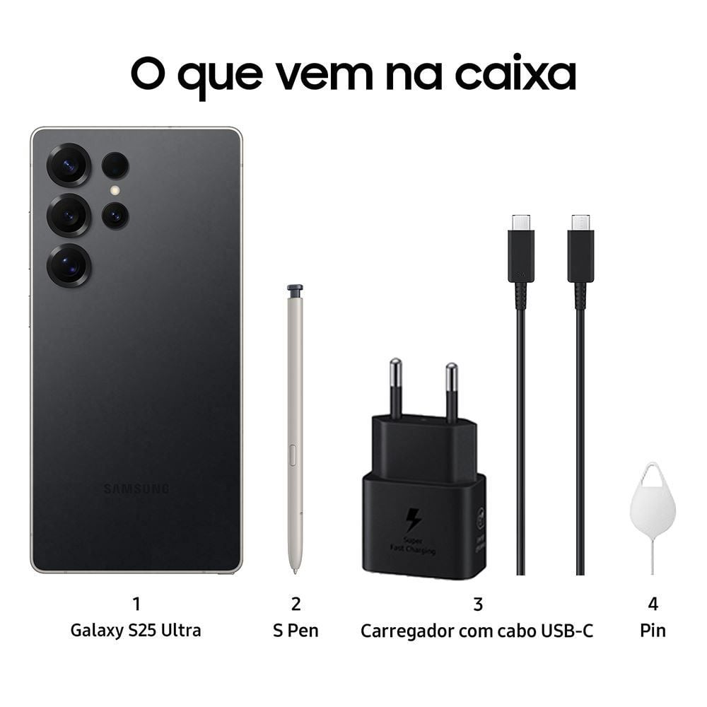 Samsung Galaxy S25 Ultra 5G, 256Gb, 12Gb, Câmera Quádrupla - PRETO