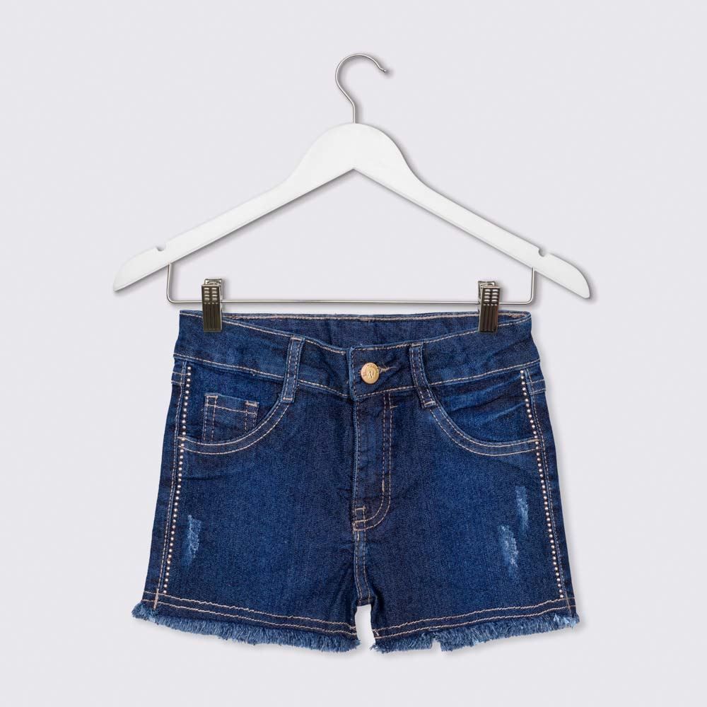 Shorts 4 a 10 anos Jeans Barra Desfiada + Strass Marmelada