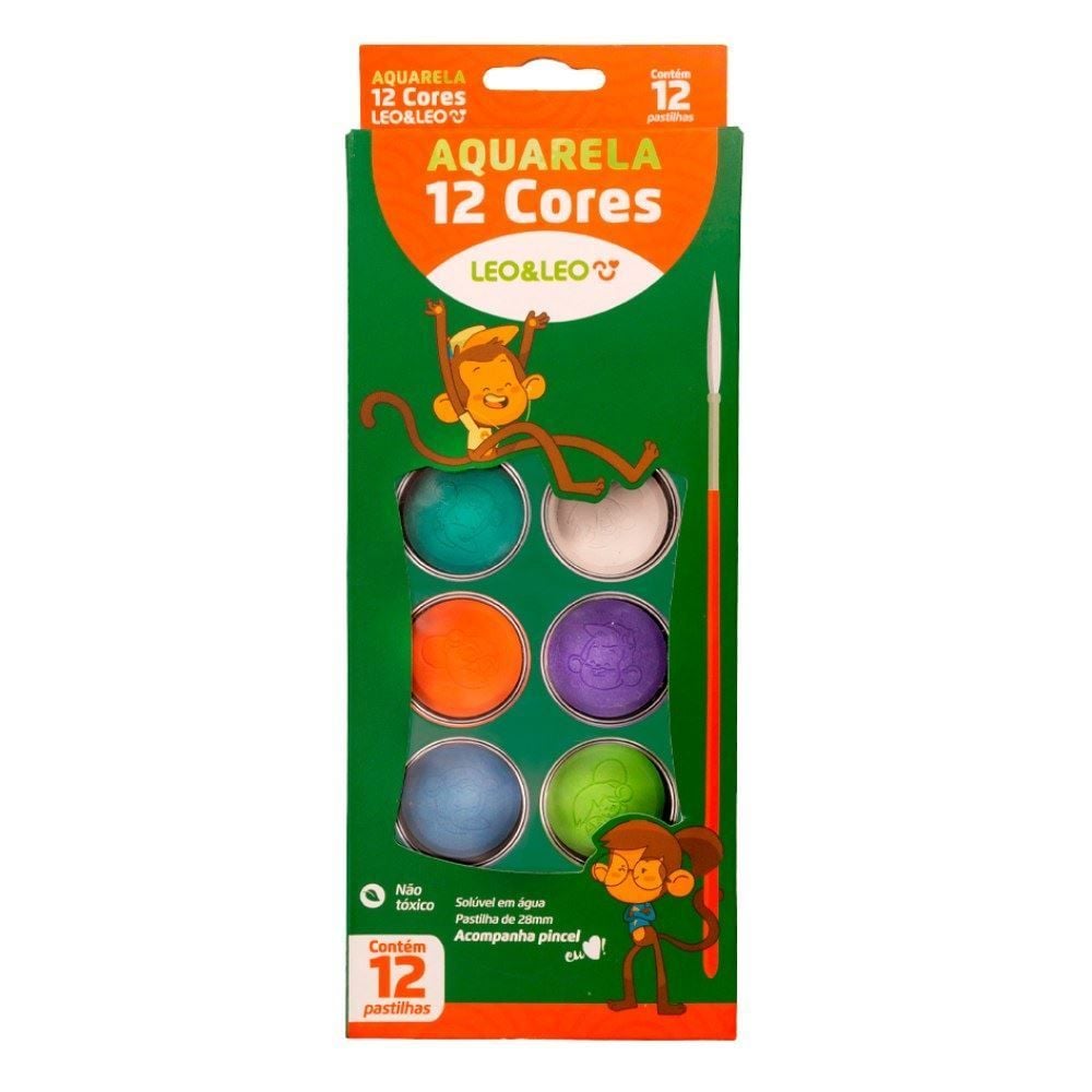 Tinta Aquarela 12 Cores com Pincel Leo&Leo