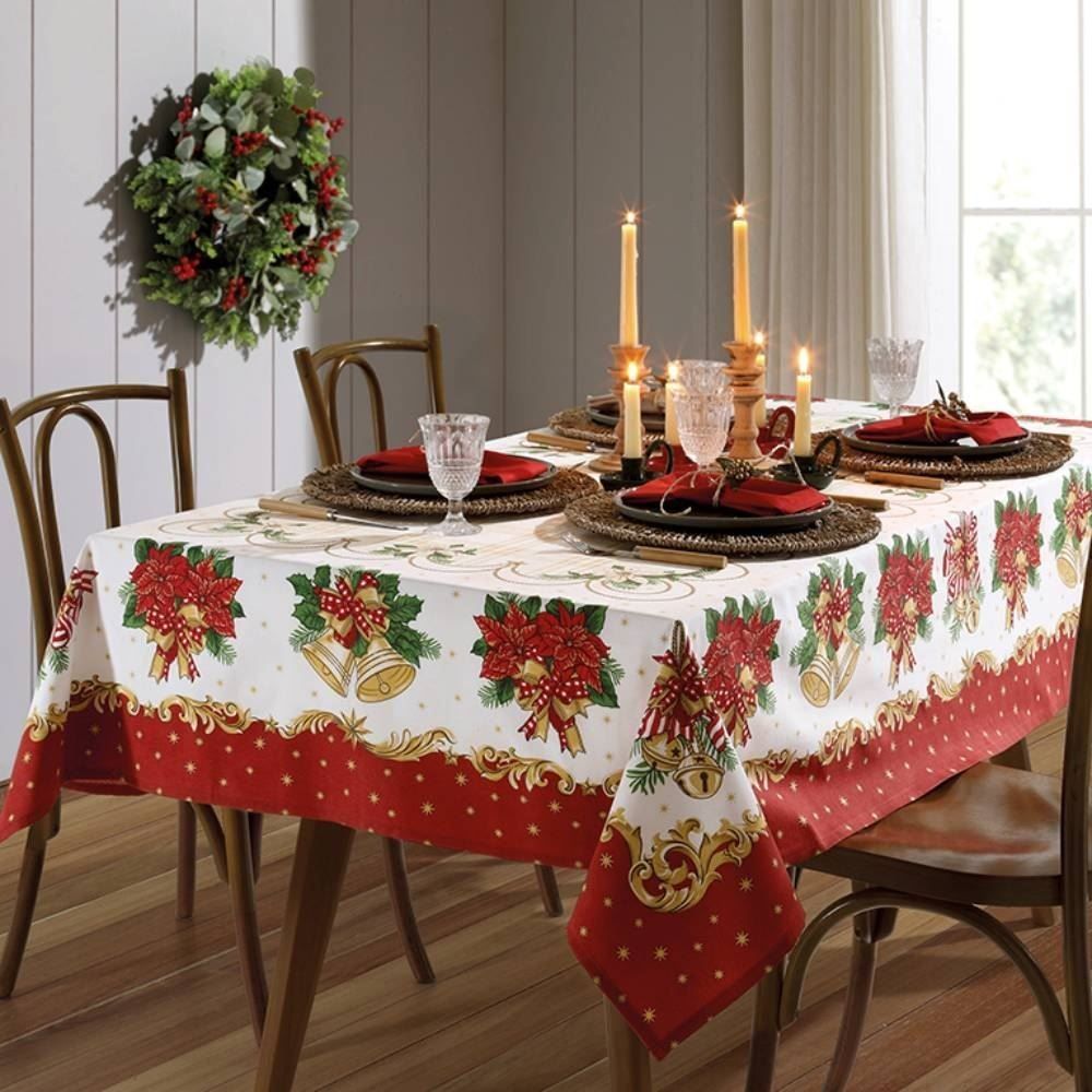 Toalha de Mesa Natal 1,40X1,40 m Döhler - Sinos Dourados e Flores