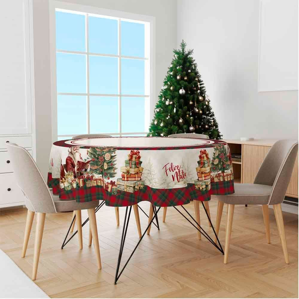 Toalha Mesa Natal Encantado Redonda 1,50M - NOEL XADREZ