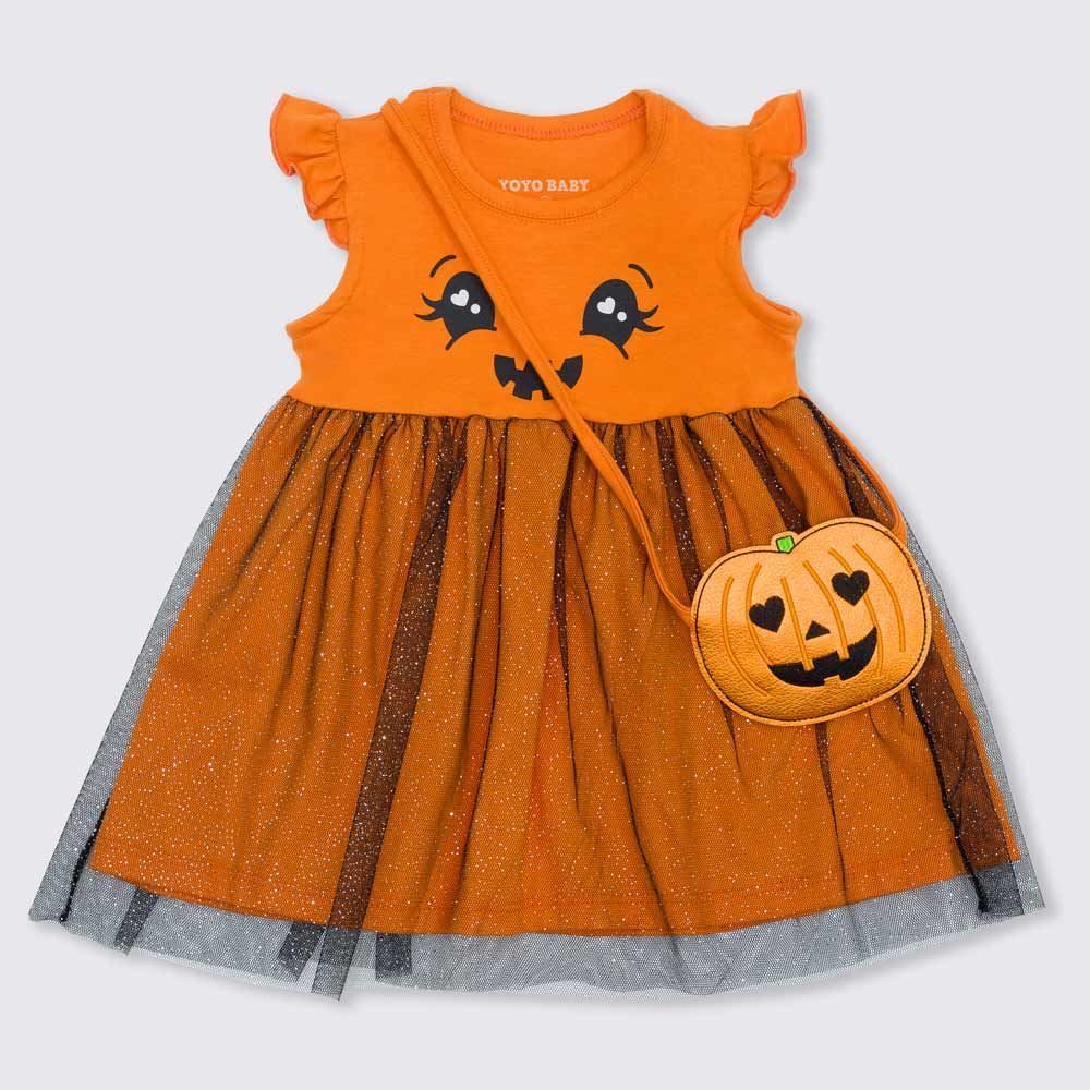 Vestido de Bebê Malha Cotton Abóbora com Bolsinha Yoyo Baby