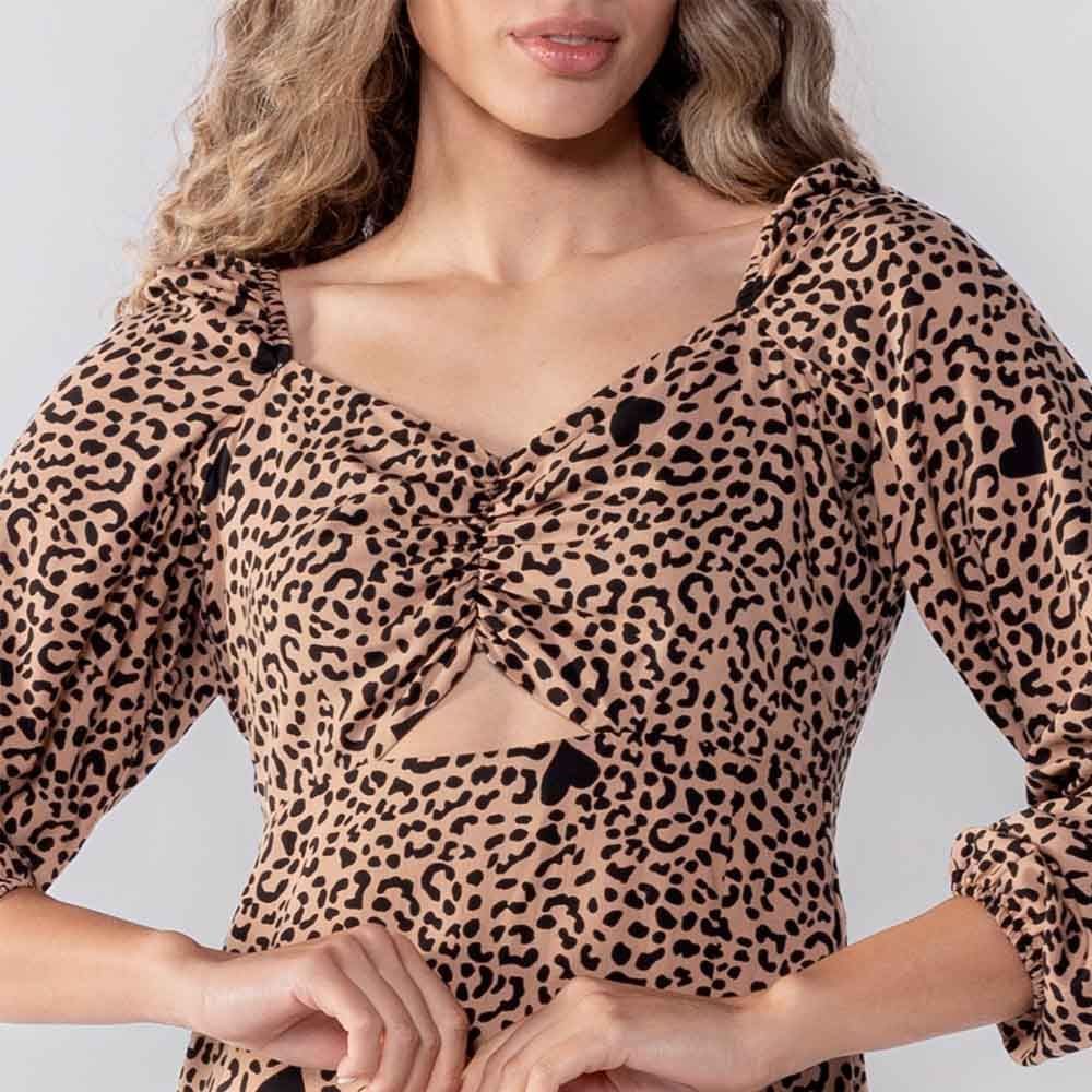 Vestido Feminino Curto Com Manga Longa Estampa De Onça Boby Blues