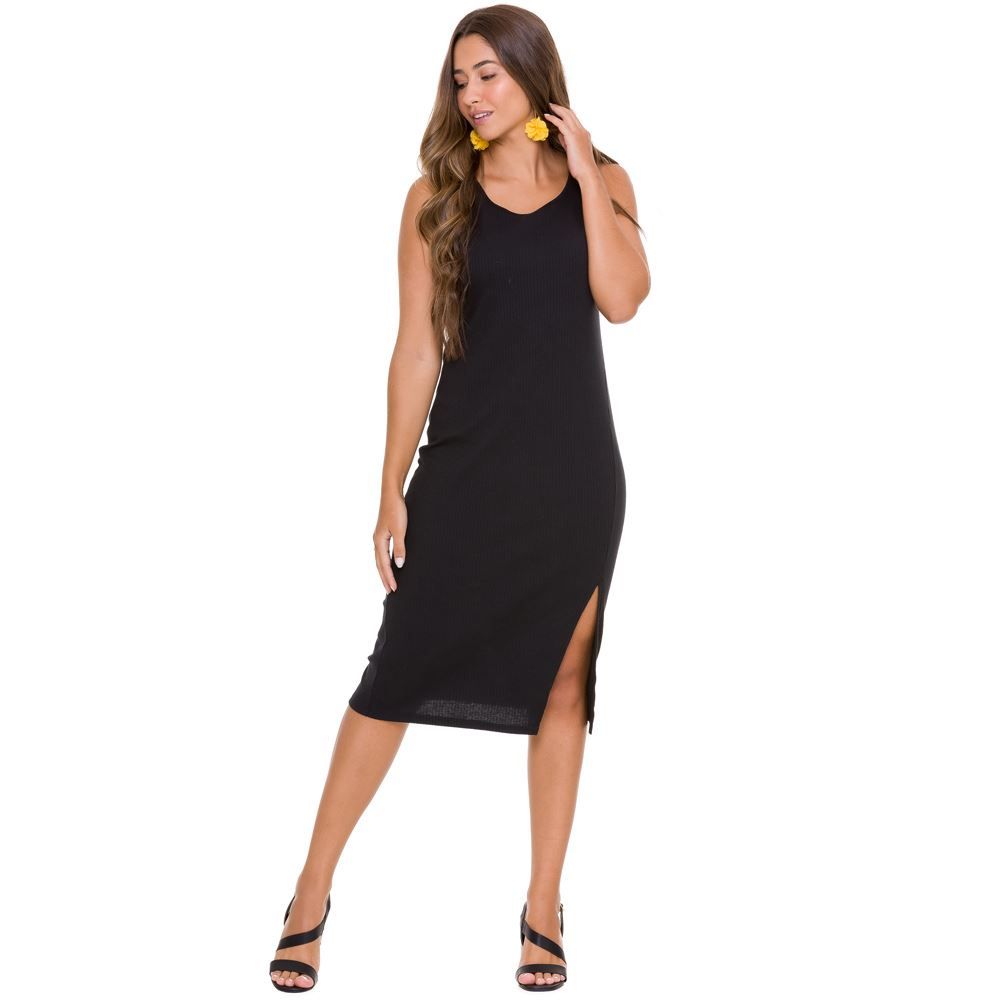 Vestido Midi com Fenda Canelado Patrícia Foster