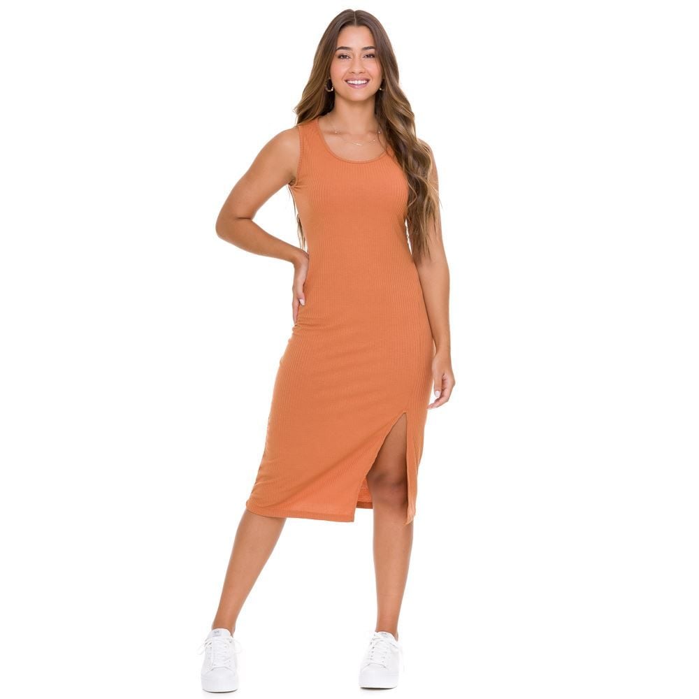 Vestido Midi com Fenda Canelado Patrícia Foster
