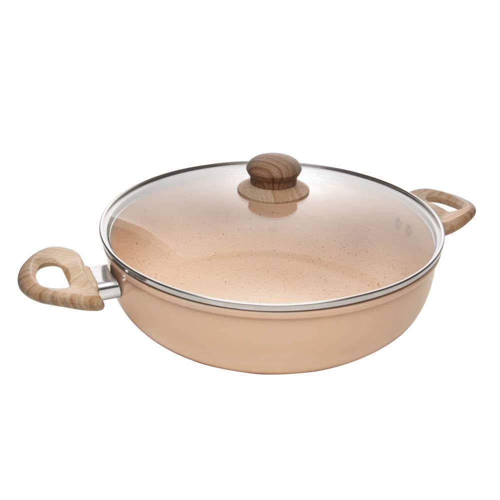 Wok De Indução Alumínio Revestida Cerâmica Com Tampa Lyor 3,8 Litros - Bege