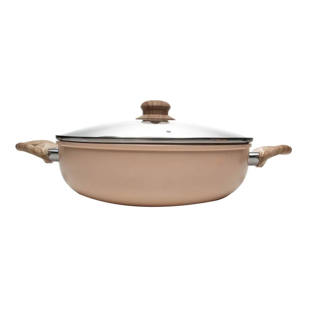 Wok De Indução Alumínio Revestida Cerâmica Com Tampa Lyor 3,8 Litros - Bege