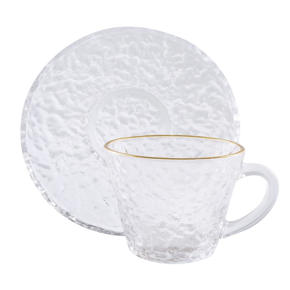 Xícara de Chá com Pires Martelado Cristal Lyor 180Ml - Borda Dourada