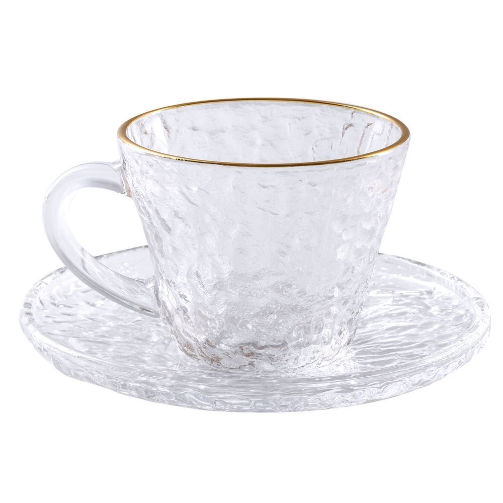 Xícara de Chá com Pires Martelado Cristal Lyor 180Ml - Borda Dourada