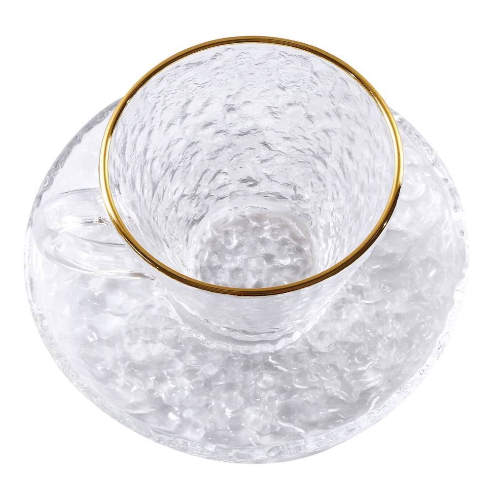 Xícara de Chá com Pires Martelado Cristal Lyor 180Ml - Borda Dourada