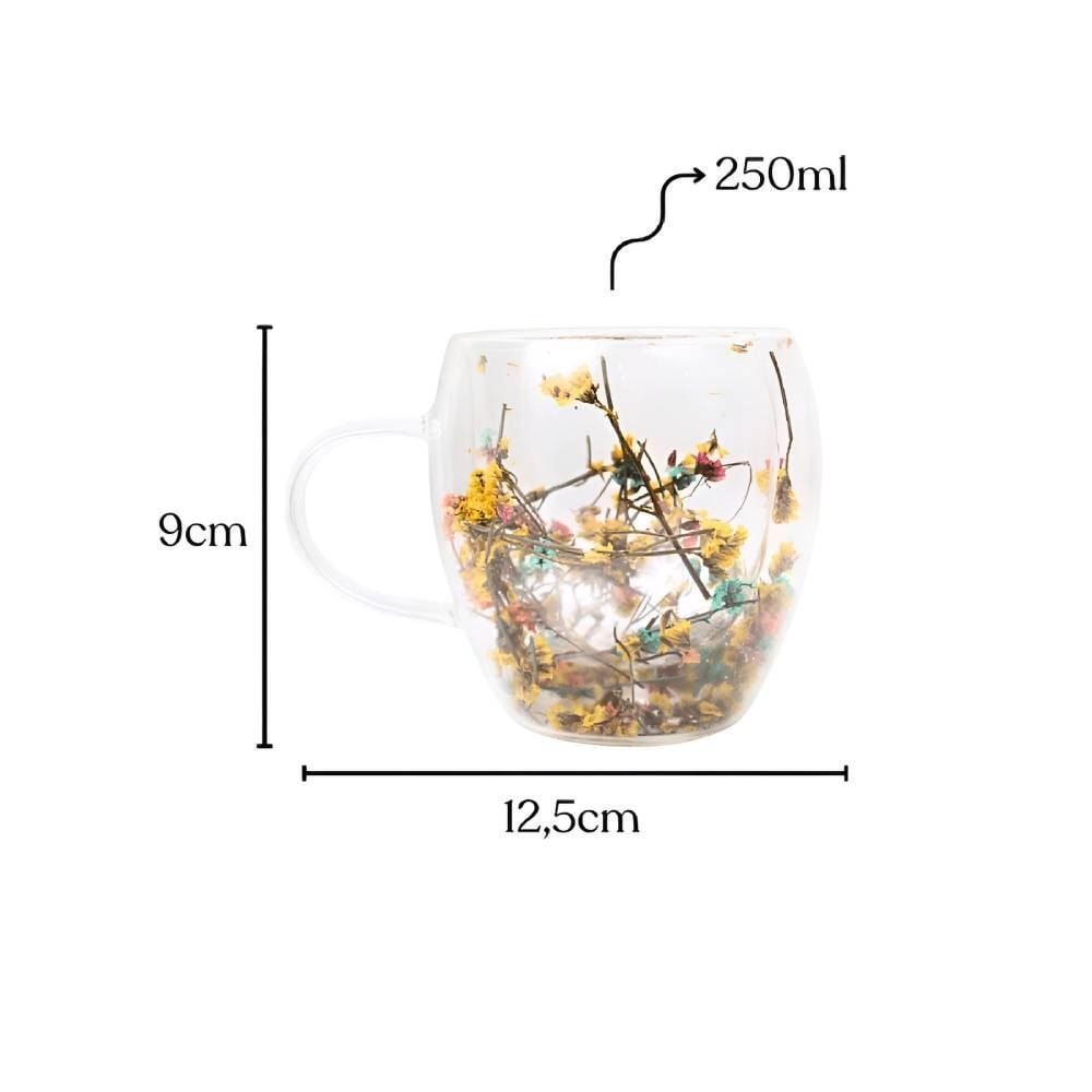 Xícara de Vidro Duplo com Flores Secas Coloridas 250Ml - Majestic
