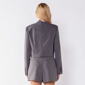 Blazer Feminino Cropped De Alfaiataria Boby Blues Cinza Mescla