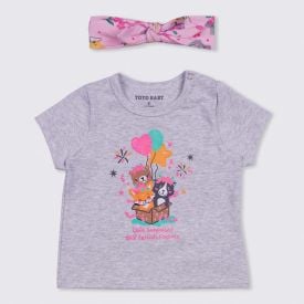 Blusa de Bebê Cotton + Faixa de Cabelo Yoyo Baby Rotativo Mescla Branco
