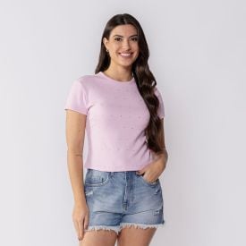 Blusa Feminina Em Ribana Com Strass Boby Blues Rosa Basico