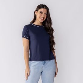 Blusa Feminina Manga Curta De Viscose Patricia Foster Azul Marinho