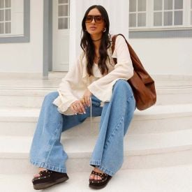 Blusa Feminina Manga Longa Com Babados Patricia Foster Bege