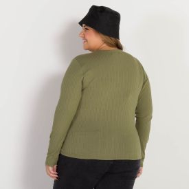 Blusa Plus Size Canelada Decote Redondo Patricia Foster Mais Verde Matte