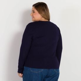 Blusa Plus Size Canelada Decote Redondo Patricia Foster Mais Azul Marinho
