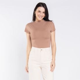 Body Feminino Gola Alta Em Poliamida Patricia Foster Amendoa