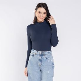 Body Feminino Manga Longa Em Poliamida Patricia Foster Azul Marinho