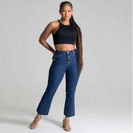 Calça Feminina Flare Cropped Jeans Sawary Azul Medio