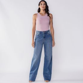 Calça Feminina Wide Leg Barra Larga Patricia Foster Azul Medio