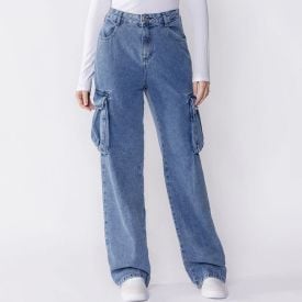Calça Feminina Wide Leg Cargo Boby Blues Azul Medio