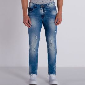 Calça Jeans com Puídos e Bigodes Rock&Soda Blue Medio