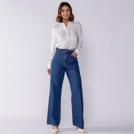 Calça Jeans Feminina Wide Leg Patricia Foster Azul Medio