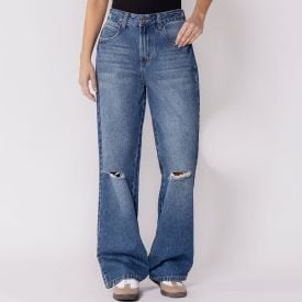 Calça Jeans Wide Leg Feminina Com Rasgo Boby Blues Azul Medio