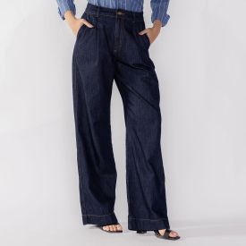 Calça Jeans Wide Leg Feminina Patricia Foster Azul Escuro