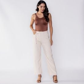 Calça Feminina Wide Leg Com Cinto Patricia Foster Bege