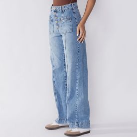 Calça Wide Leg Jeans Feminina Com Bolso Na Frente Boby Blues