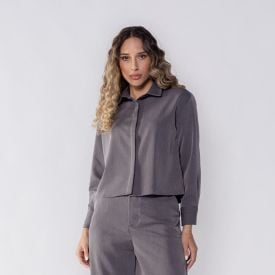 Camisa Feminina Cropped De Alfaiataria Patrícia Foster Dark Melange