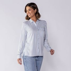 Camisa Feminina Listrada com Bolso Patricia Foster Off White/Azul