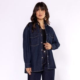 Camisa Jeans Feminina Alongada Patricia Foster Azul Escuro