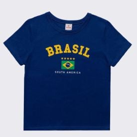 Camiseta Brasil Infantil Menina 4 A 10 Anos Brandili Azul Milano