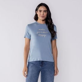 Camiseta Feminina Com Bordado Patricia Foster Azul