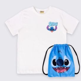Camiseta Infantil Stitch 4 a 10 anos Com Mochila Disney Marfim