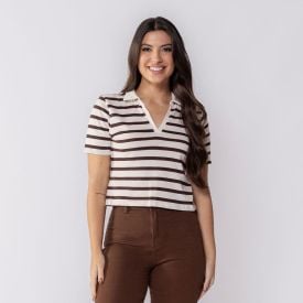 Camiseta Polo Feminina Com Decote V Transpassado Boby Blues Listrado Marrom