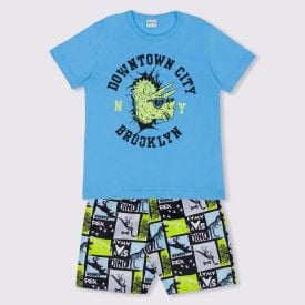 Conjunto 1 a 3 anos Camiseta Brooklyn + Bermuda Fakini Azul Claro/ Rot Dinos Azul