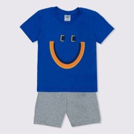 Conjunto 1 a 3 anos Camiseta Happy e Bermuda Yoyo Kids Azul